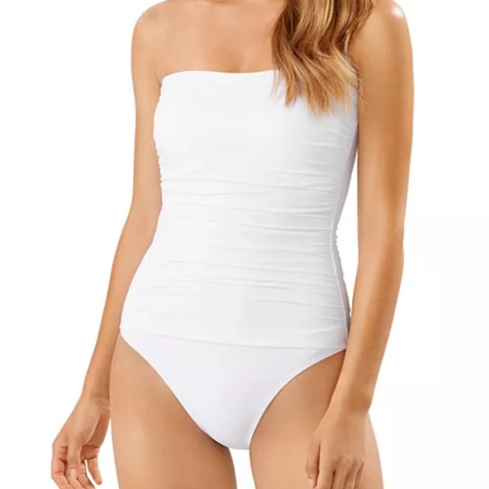 Tommy Bahama Women's Pearl Shirred Bandeau One Piece Swimsuit White Size 16 NWT